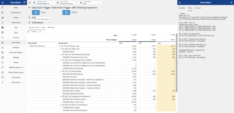 CubeServ SAC Template Planning overview with displayed filters